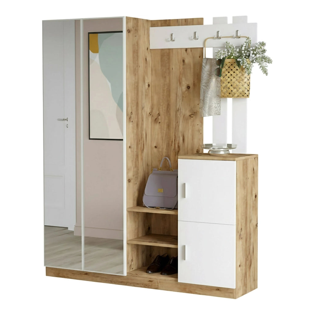 Mobile da ingresso Arcibaldo, Entratina appendiabiti, Composizione per atrio, Consolle portaoggetti multifunzione, 147x38h180 cm, Quercia e Bianco