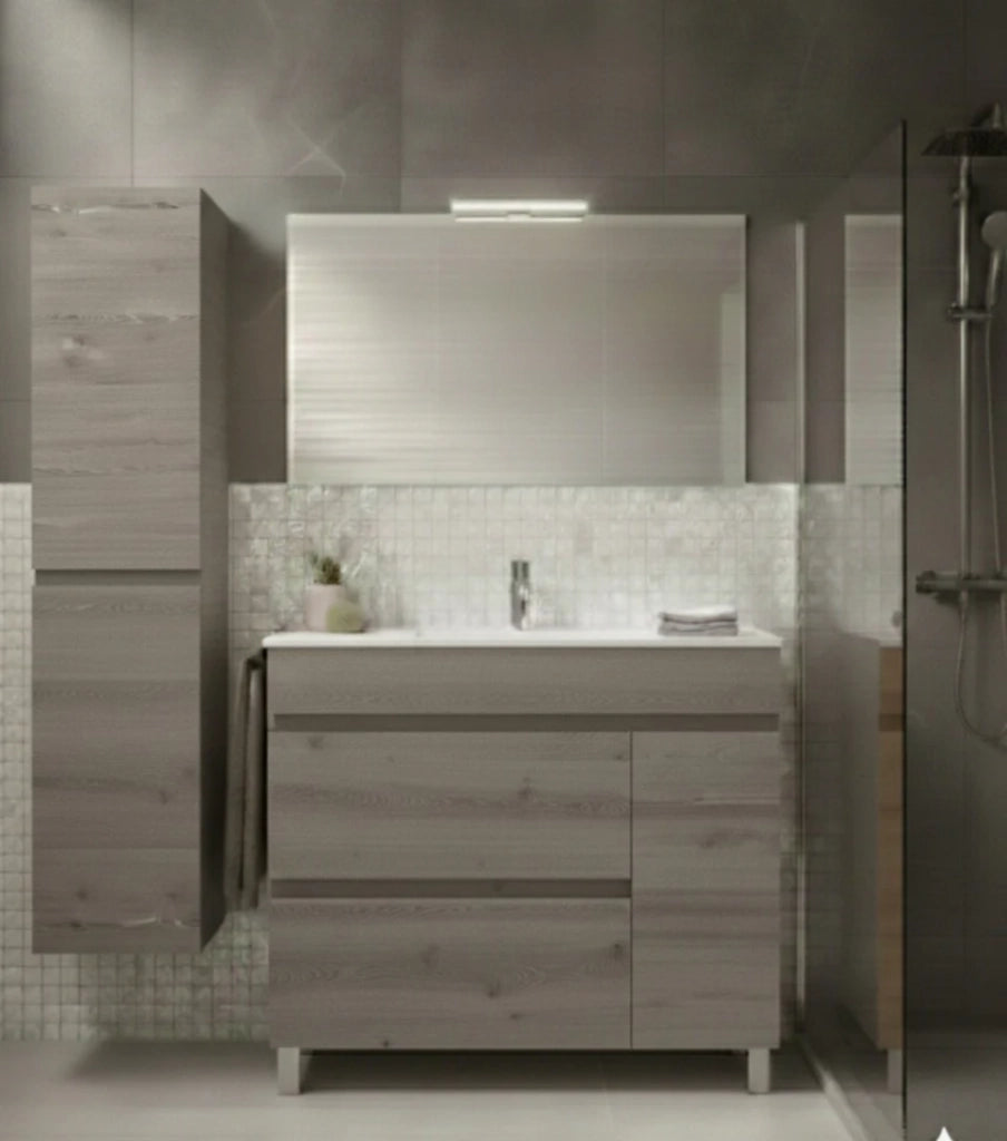 Mobile Bagno FENRIR Già Montato 2 cassetti e porta con piedini, lavabo e specchio Rovere affumicato 80x45 cm con colonna