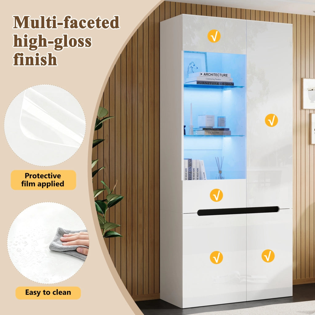 Vetrina verticale 80x35x180 cm con 4 ante; LED Bluetooth e ripiani in vetro regolabili; MDF bianco