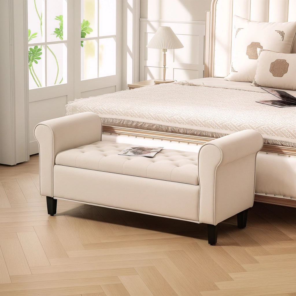 Panca Fondo Letto in Tessuto Velluto con Contenitore ¨C Minimal ¨C Beige 126x48.5x57 cm