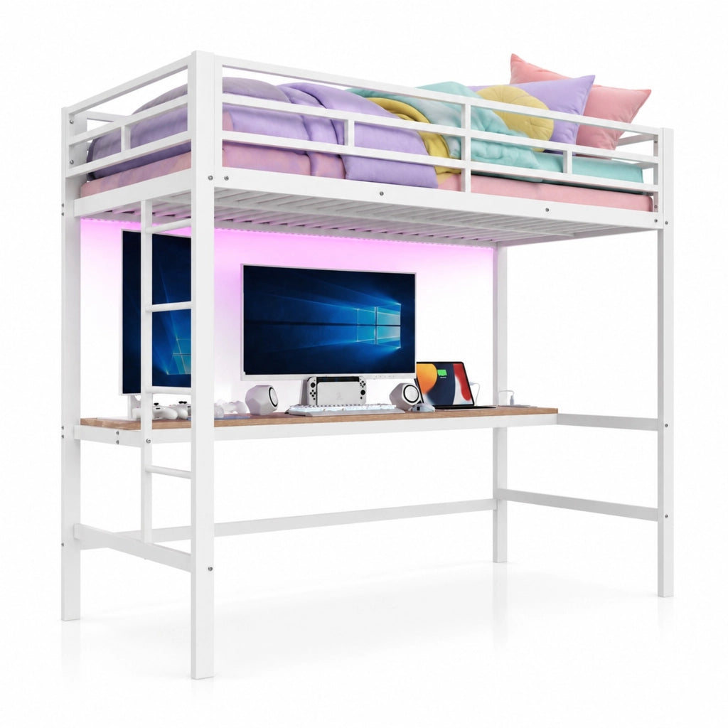 Letto a soppalco per bambini 90x200 cm con scrivania; LED; prese USB e Type-C; bianco