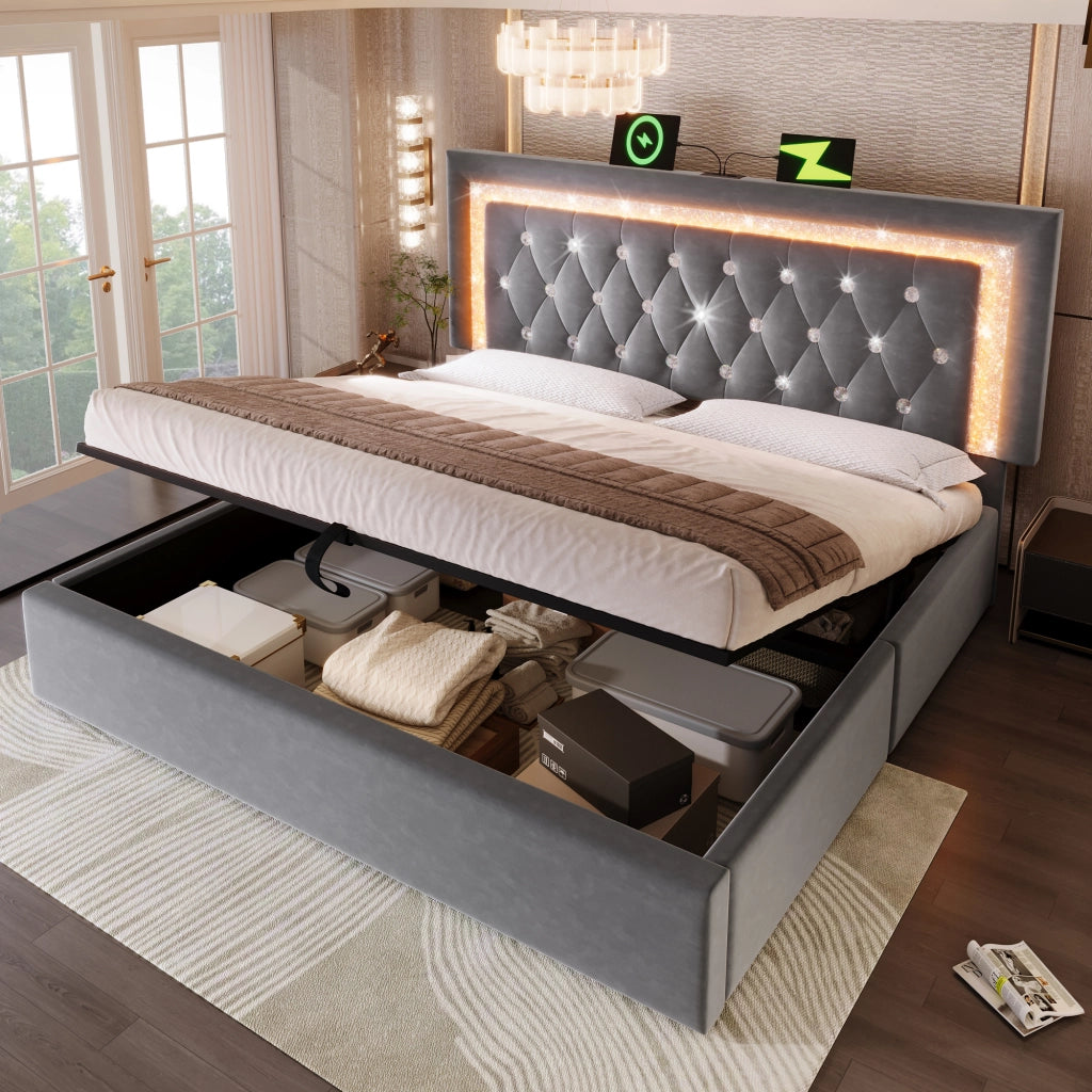 Letto imbottito 140x200 cm in velluto grigio con LED, ricarica USB e Type-C, contenitore idraulico e rete a doghe