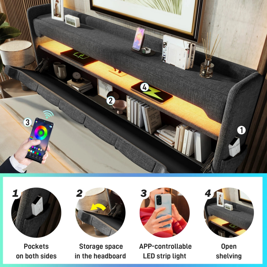 Letto singolo imbottito 90x200 cm con LED, USB-C e contenitore
