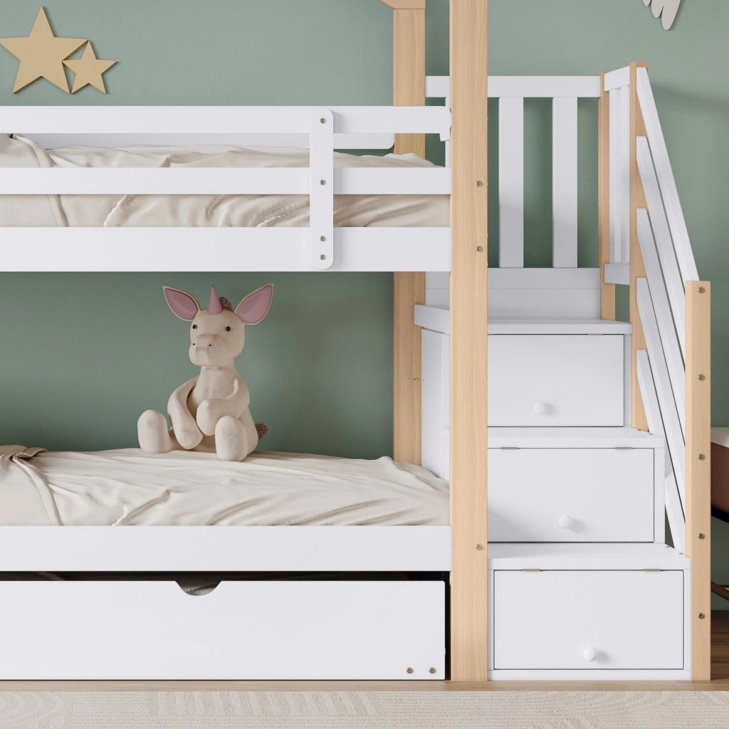Letto a Castello Estraibile 90x200 cm e 90x190 cm; Letto 3 Posti; con Scala con Cassetti - in Legno e MDF - Bianco Naturale