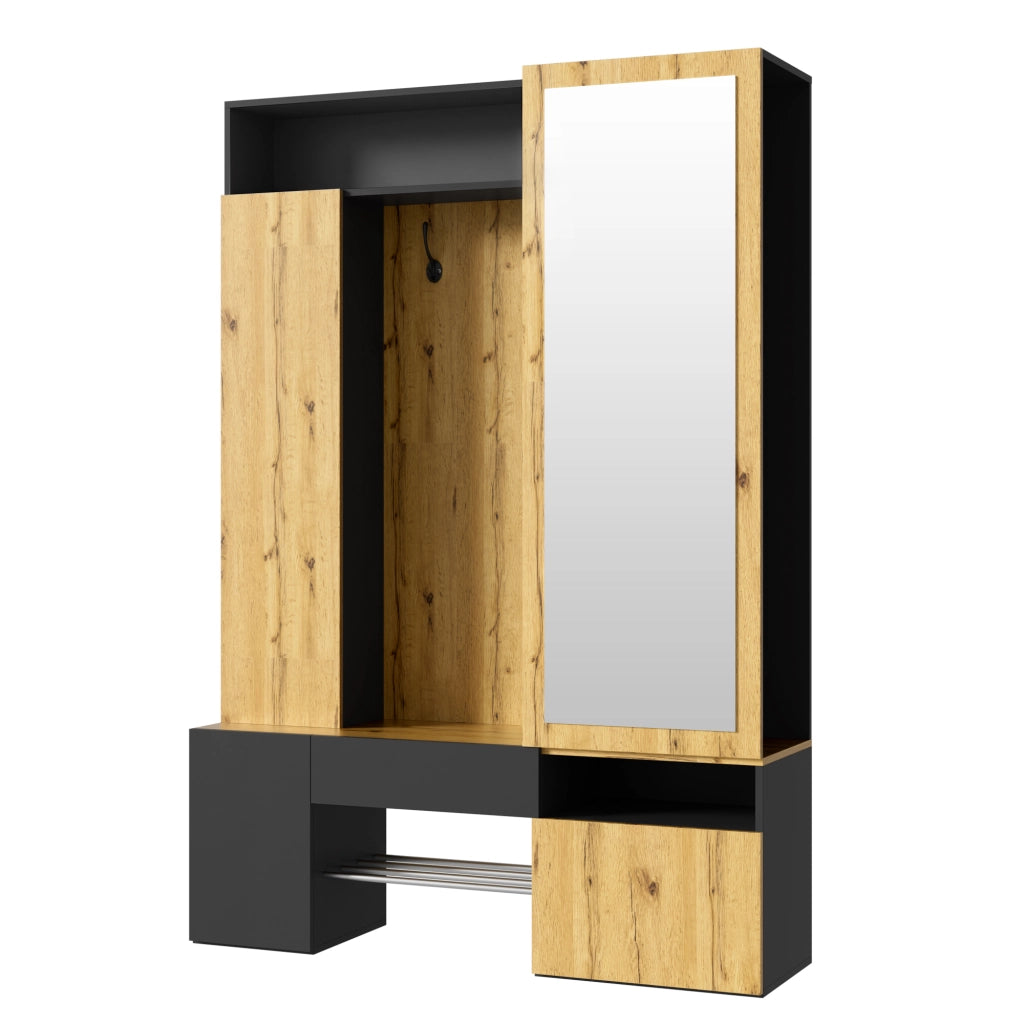 Guardaroba da ingresso con specchio; scarpiera e appendiabiti in MDF nero e naturale