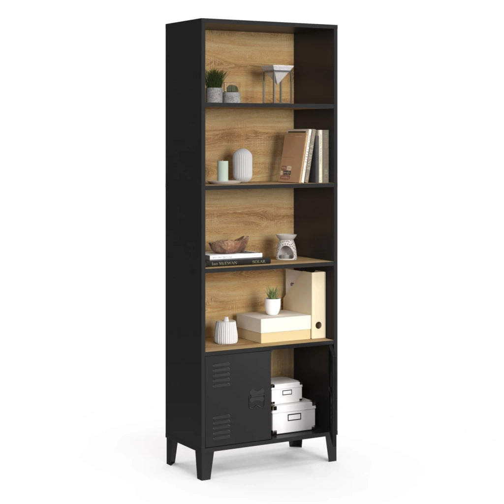 IDMarket - Libreria a 4 livelli con armadio ESTER con ante in metallo nero e piano in legno dal design industriale