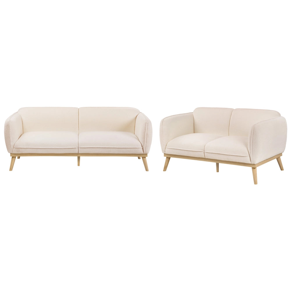 Set da salotto in stile scandinavo con divani a 2 e 3 posti, gambe affusolate in legno e rivestimento in bouclé beige chiaro