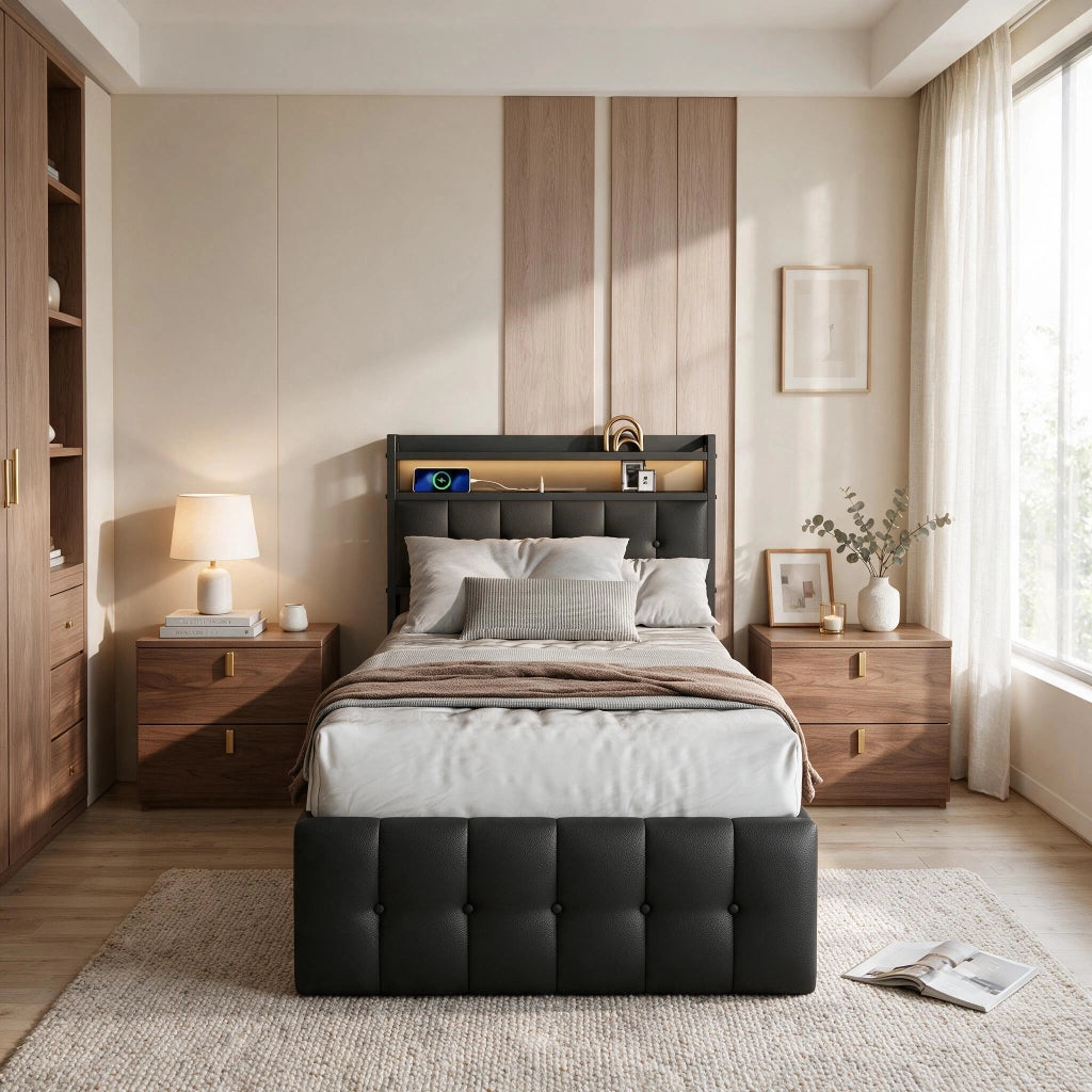 Letto singolo 90x200 cm con contenitore LED USB testiera struttura letto MDF e PU - nero
