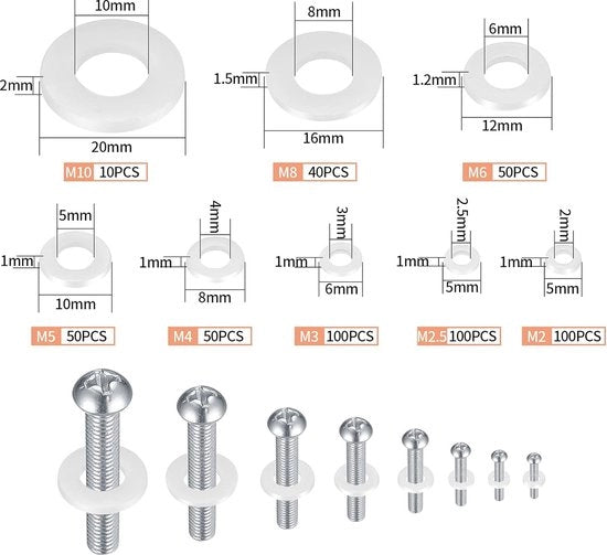 Anelli di chiusura, piano, nero, nylon, ausili di distanza, testine per macchina, sigillanti per attacchi industriali, anelli di chiusura meccanici, M2/M2.5/M3/M4/M5/M6/M8/M10, bianco, 500 pezzi