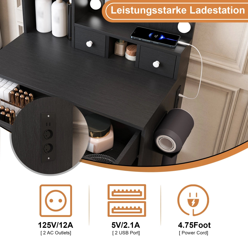 Tavolo da toeletta compatto con specchio LED regolabile; presa; porta asciugacapelli; sgabello imbottito; cassetti e mensola; Nero; B60×H131;5×P38cm
