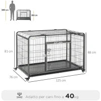 Kennel Gabbia per Cani Pieghevole a Doppia Porta con Blocco, Box per Cani con 4 Ruote con Freno e Fondo Rimovibile, 125x76x81cm, Grigio Scuro