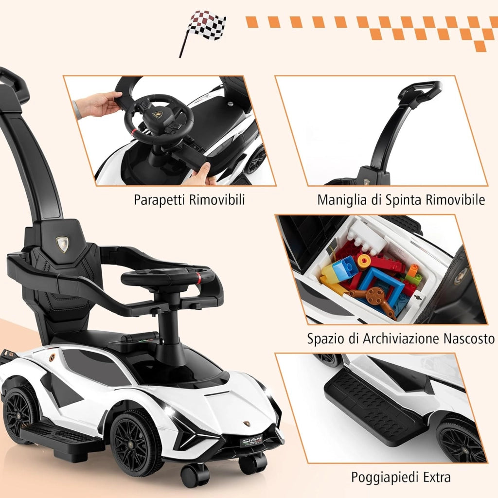 3 in 1 Auto da Spinta, Auto Scorrevole con Paracolpi e Manubrio Rimovibili Musica e Fari, Spazio di Stoccaggio Nascosto e Ruote Universali Staccabili, Bambini 18-24 Mesi (Bianco)