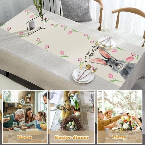 Tavolo da pranzo con disegno di tulipani e coniglio per la decorazione della sala da pranzo - Primavera cucina - Pasqua - Interno e Esterno - 33 x 230 cm