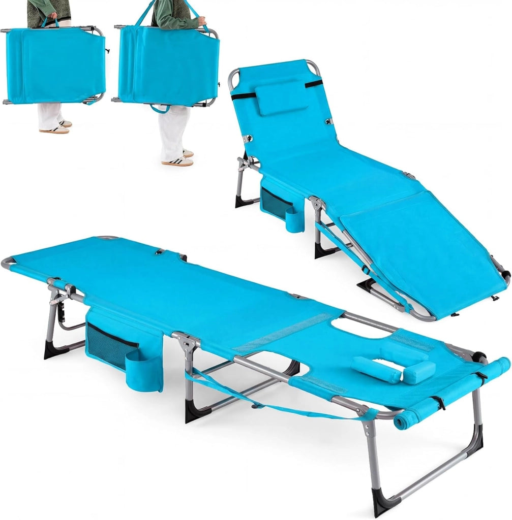 Lettino Prendisole Pieghevole Portatile, Lettino da Spiaggia con Fori per Viso e Braccia, Cuscino Poggiatesta e Tasca, Schienale Regolabile, per Mare e Piscina, Portata 180 kg (Turchese)