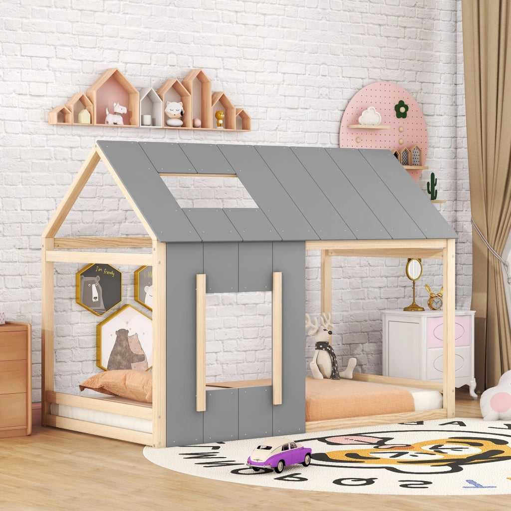 Letto a forma di casa naturale e grigio in pino 90x200 cm