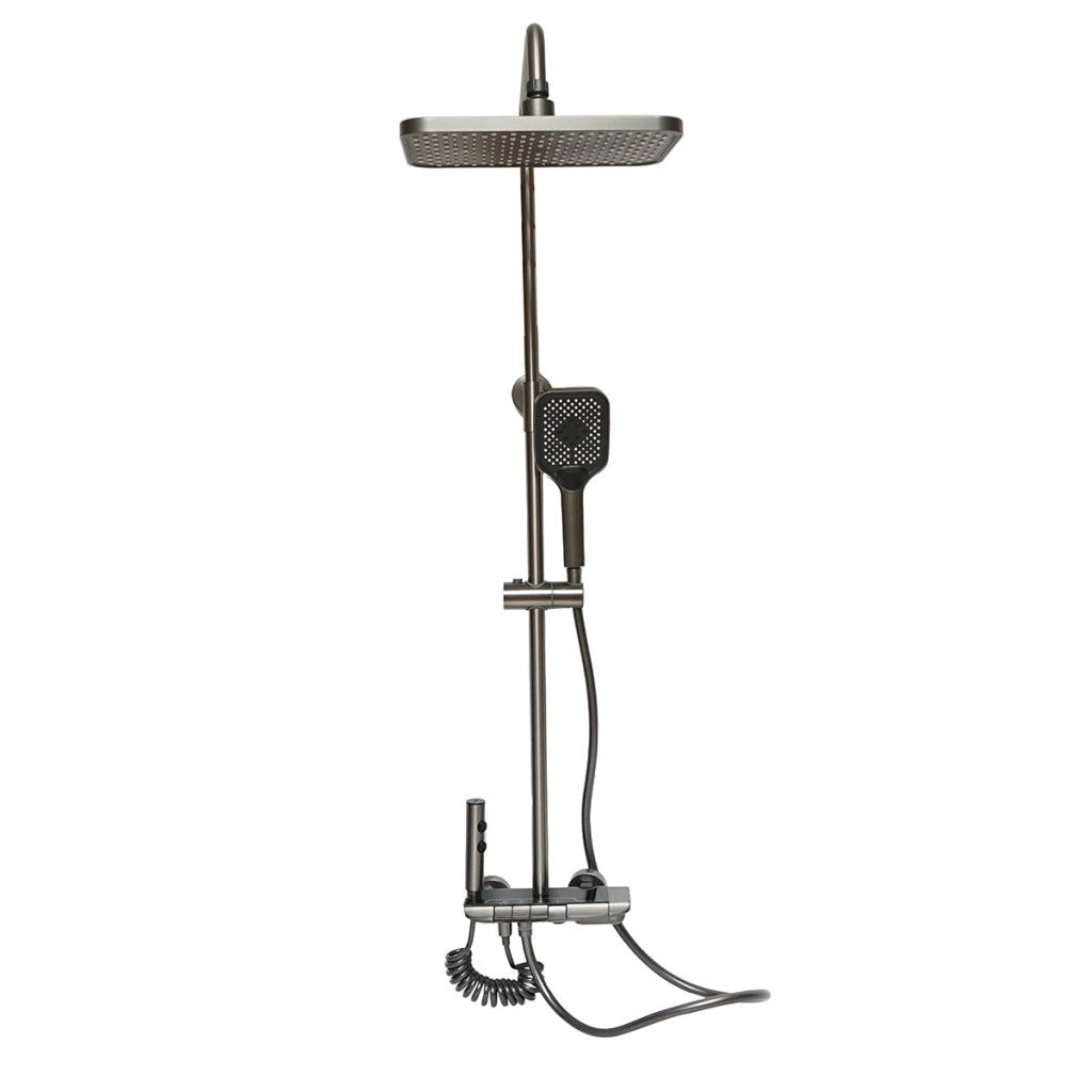 Set doccia multifunzionale con termostato, display digitale della temperatura dell’acqua, 4 funzioni di erogazione dell’acqua, bocca per vasca, soffione rettangolare, doccetta a mano, doccia bidet, colore grigio.