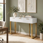 Tavolino consolle moderno con cassetti, struttura dorata e design elegante