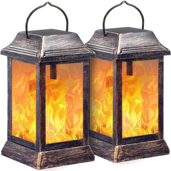 Lanterne Solari per Esterni - Luci Solari per Giardino Lampada Metallica con Fiamma Vibroacustica Sospesa per Esterni Decorazione per Giardino Cortile Vialetto (Bronzo, Pacchetto da 2) [Classe di Efficienza Energetica A]
