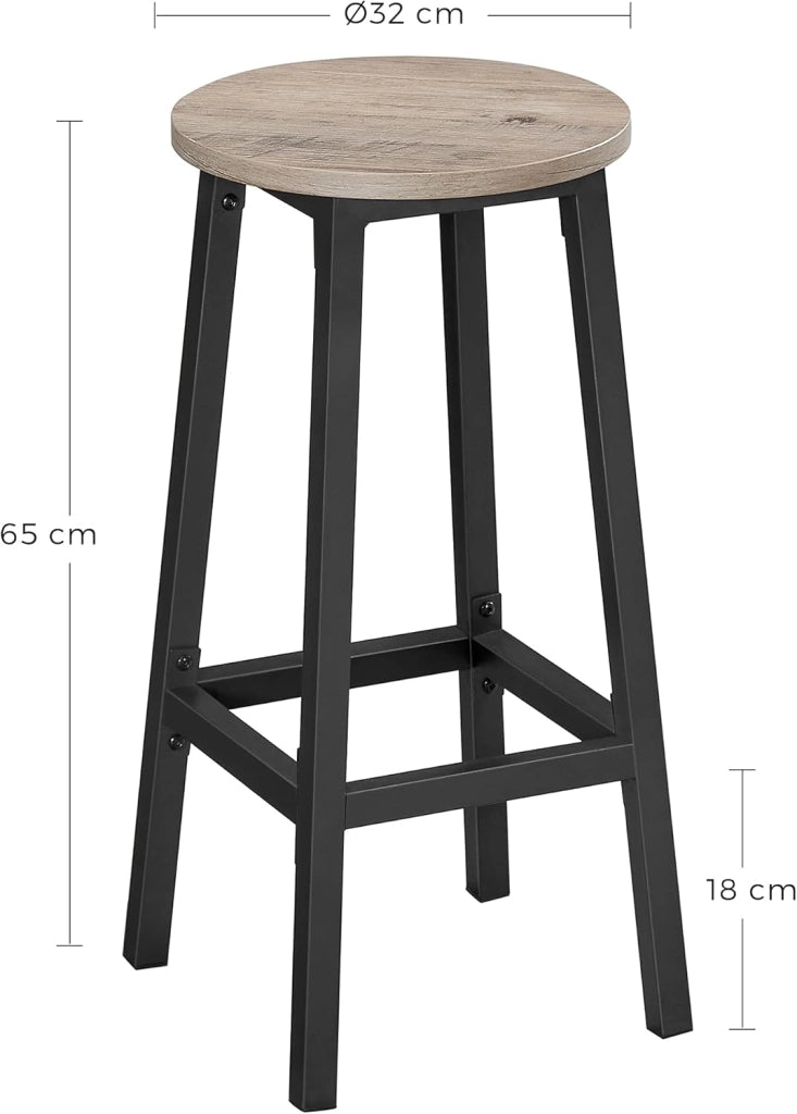 VASAGLE Set di 2 Sgabelli da Bar, Sedie da Cucina, Struttura in Metallo, Montaggio Facile, Alto 65 cm, con Poggiapiedi, per Cucina, Soggiorno, Sala da Pranzo, Greige Melange e Nero LBC032B02