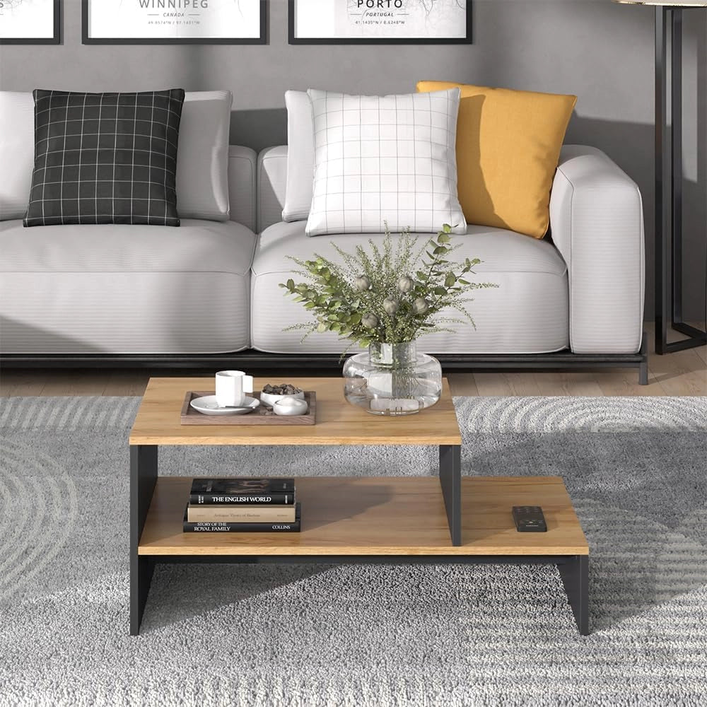 Tavolino da salotto Amely, Quercia dorata/antracite, 90 x 55 cm con ripiano