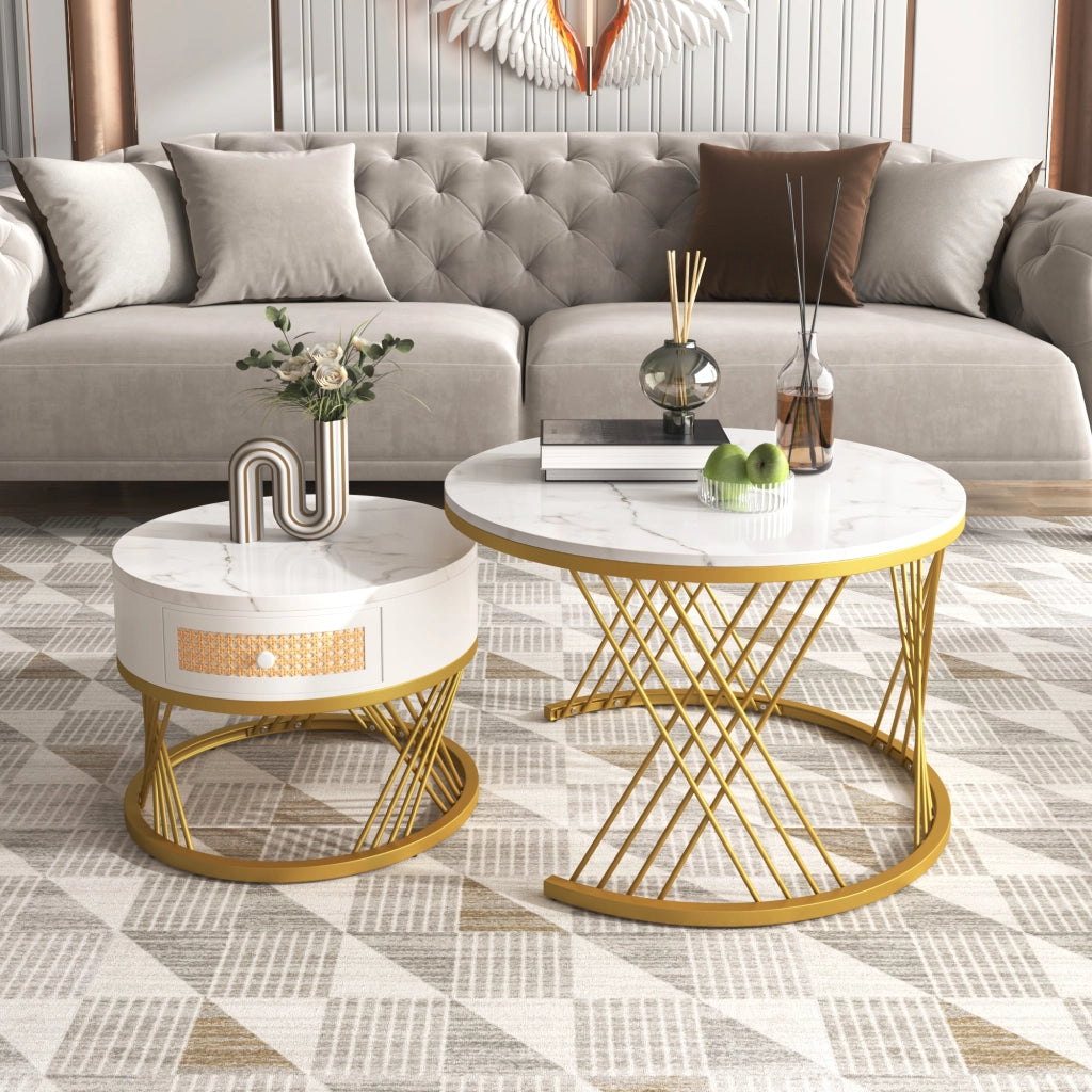 Tavolini da Caffè Impilabili Rotondi con 1 Cassetto; Piano Effetto Marmo; Stile Moderno; in MDF; Bianco; 70×70×45;5 cm