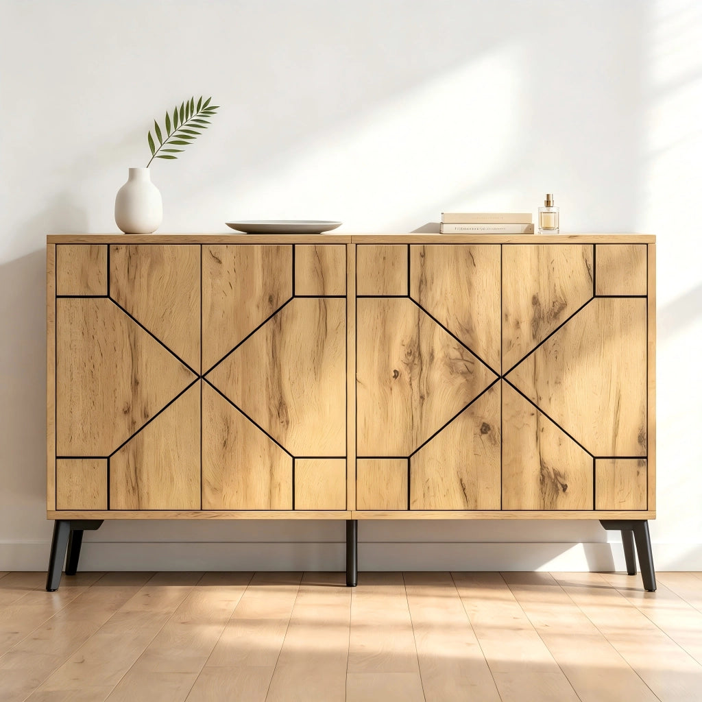 Credenza con 4 ante e 4 vani; apertura a pressione - per soggiorno - in MDF - 120×35×69 cm - naturale