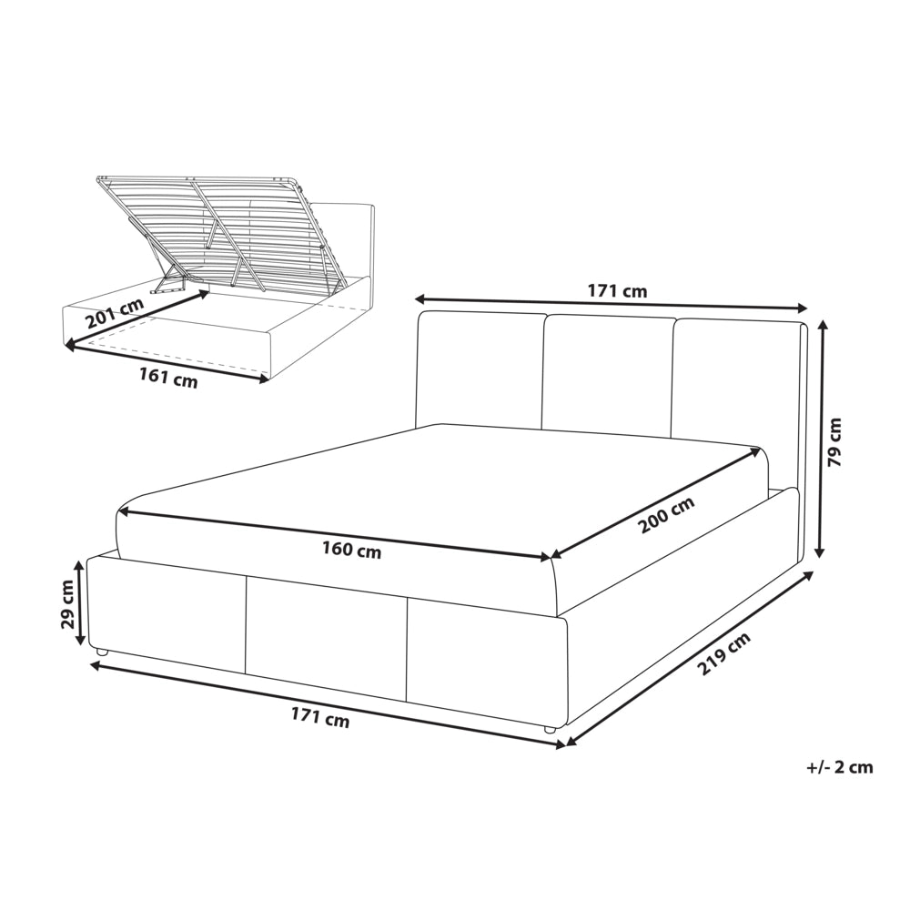 Letto rivestito in tessuto bianco sporco, 160 x 200 cm, testiera trapuntata con vano portaoggetti