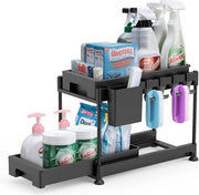 Organizzatore per lavastoviglie - 2 piani sotto il lavandino, scaffale da cucina, organizzatore perfetto per lavastoviglie, scaffale per spezie, organizzatore per armadietti, scaffale da lavoro con 4 ganci e 1 tazza
