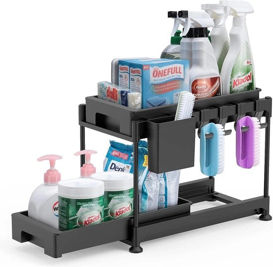 Organizzatore per lavastoviglie - 2 piani sotto il lavandino, scaffale da cucina, organizzatore perfetto per lavastoviglie, scaffale per spezie, organizzatore per armadietti, scaffale da lavoro con 4 ganci e 1 tazza