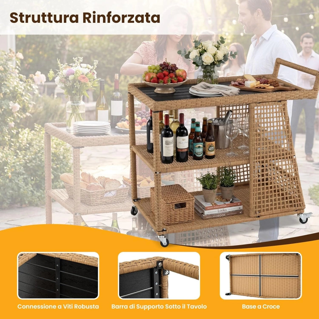 Carrello Bar da Esterno, Carrello Portavivande in Rattan con 4 Ruote, 3 Ripiani Aperto e Maniglia Laterale, Carrellino da Servizio per Cucina, Giardino e Bordo Piscina, 98 x 54 x 92 cm