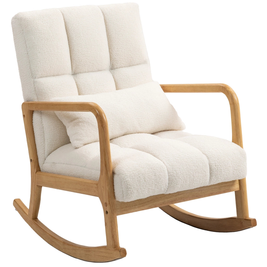 Poltrona a Dondolo 90°-130° 64,5x82x89 cm con Cuscino Lombare in Tessuto Sherpa Bianco