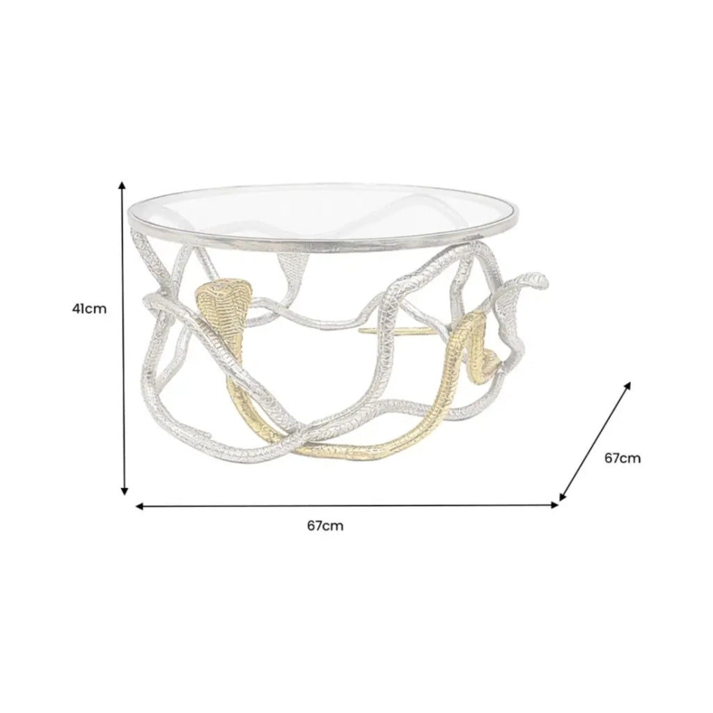 Tavolino basso VIPEREA rotondo 67 cm in alluminio argentato e dorato con vetro temperato