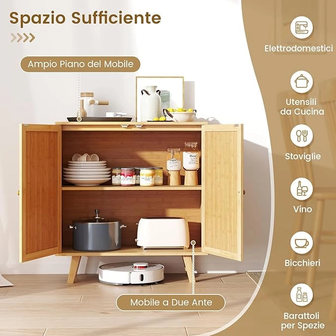 Mobile da Bagno, Armadietto Salvaspazio da Terra con Ripiano Regolabile e 2 Ante in Rattan PE, Credenza in Bambù per Soggiorno, Sala da Pranzo, Cucina e Camera da Letto, 80 x 34,5 x 85 cm