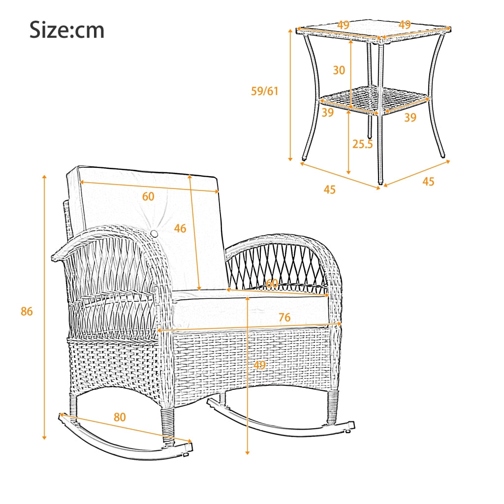 Set mobili balcone rattan 3 pezzi: sedia dondolo; cuscini beige; portata 160kg