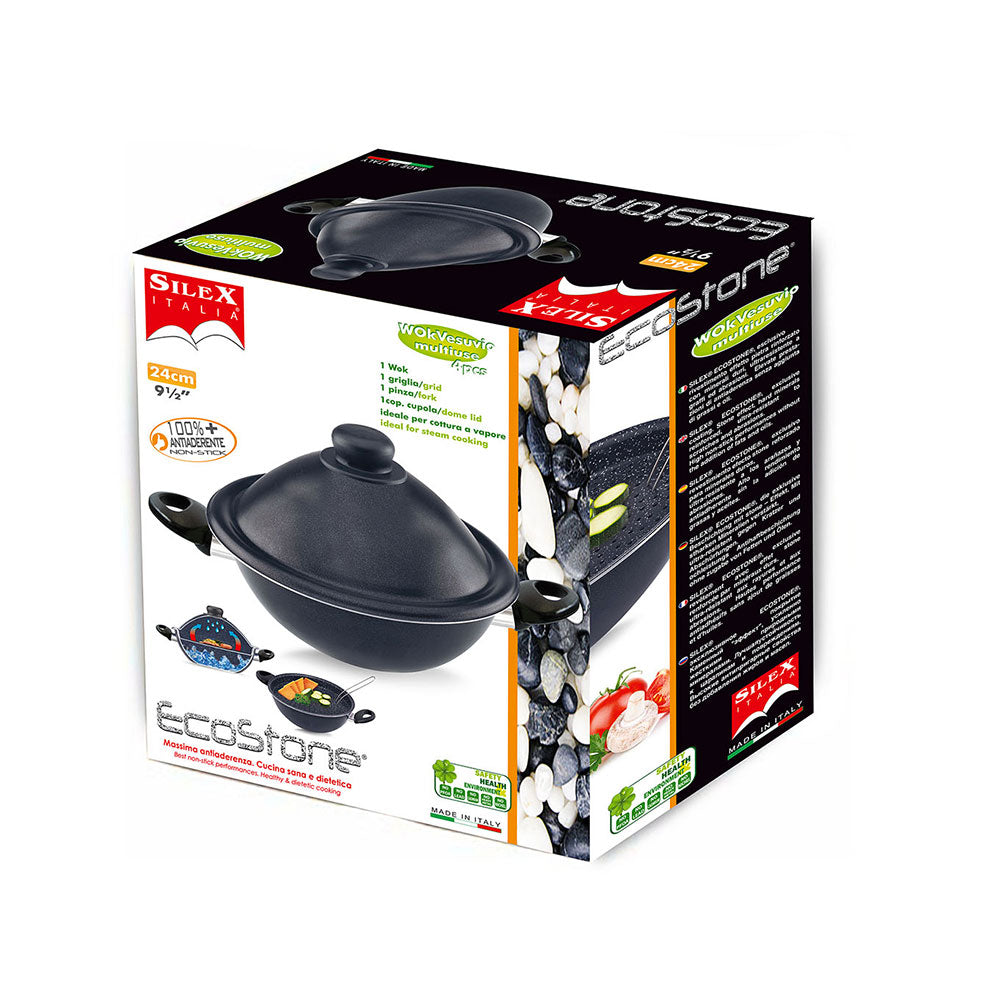 Pentola Wok Vesuvio 24 Cm Antiaderente Per Cottura a Vapore Rivestimento in Pietra Ecostone Silex Nero