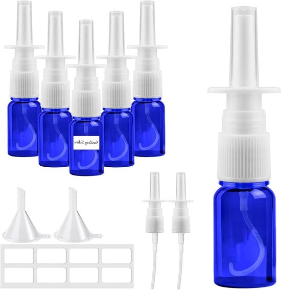 Spray per Neus con Boccette di Vetro 6 Unità 10ml Blu Vuoto Riempibile con Etichette - Olii Essenziali - Saline