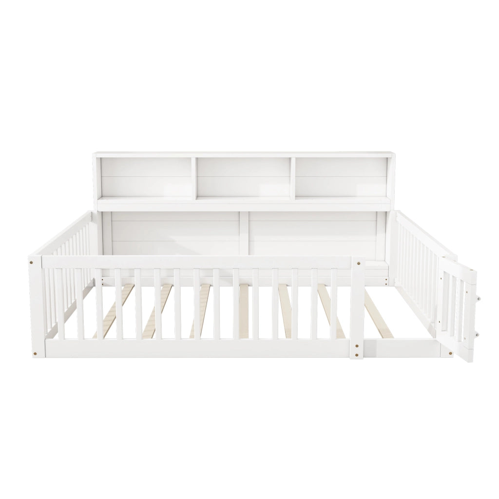 Daybed 140x200 cm con sponda di sicurezza, ripiani laterali e rete a doghe, bianco