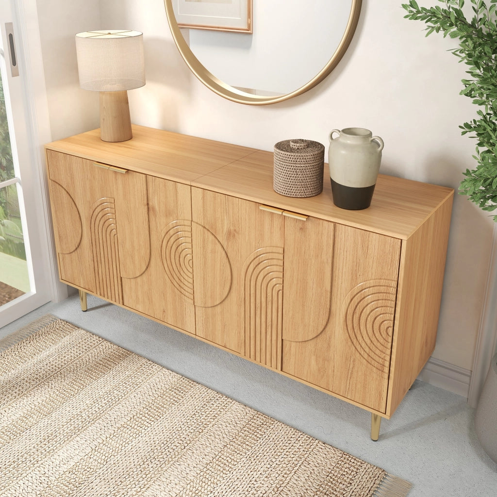 Credenza Moderna Legno Naturale 140 cm Mobile Buffet con 4 Ante e Dettagli Dorati