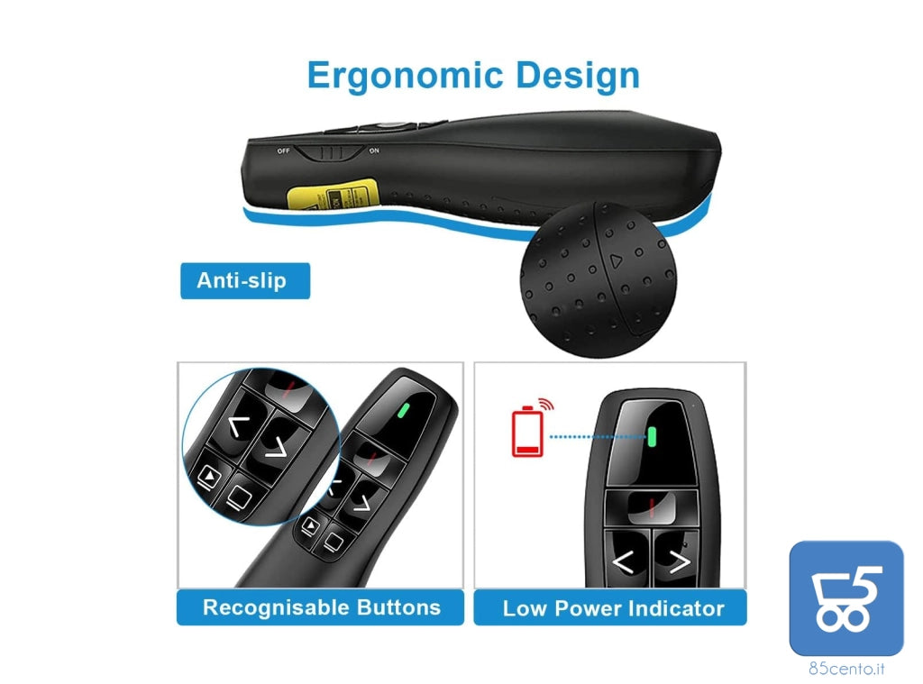 Puntatore Telecomando per Presentazioni Presenter Wireless USB 2.4 GHz per PowerPoint Slide PC Notebook – Laser Rosso Integrato