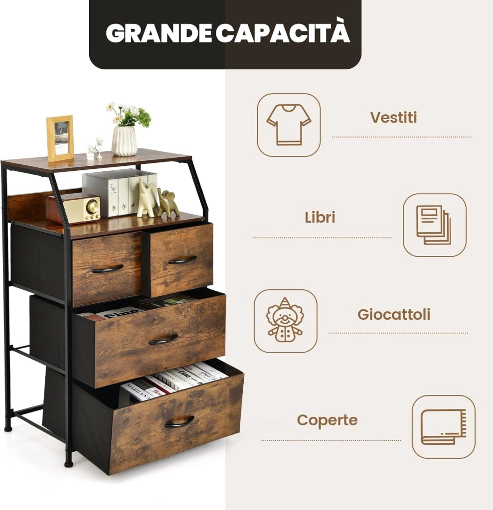 Cassettiera a 4 Cassetti con Ripiano, Mobile da Terra con Telaio in Metallo e Cesti in Tessuto, Mobile Stile Industriale per Soggiorno, Ingresso, Camera da Letto, 60 x 39 x 96 cm