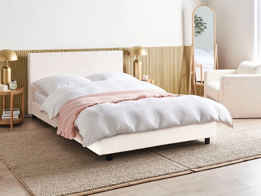 Letto matrimoniale imbottito bouclé 140 x 200 cm con rete e testata bianco sporco