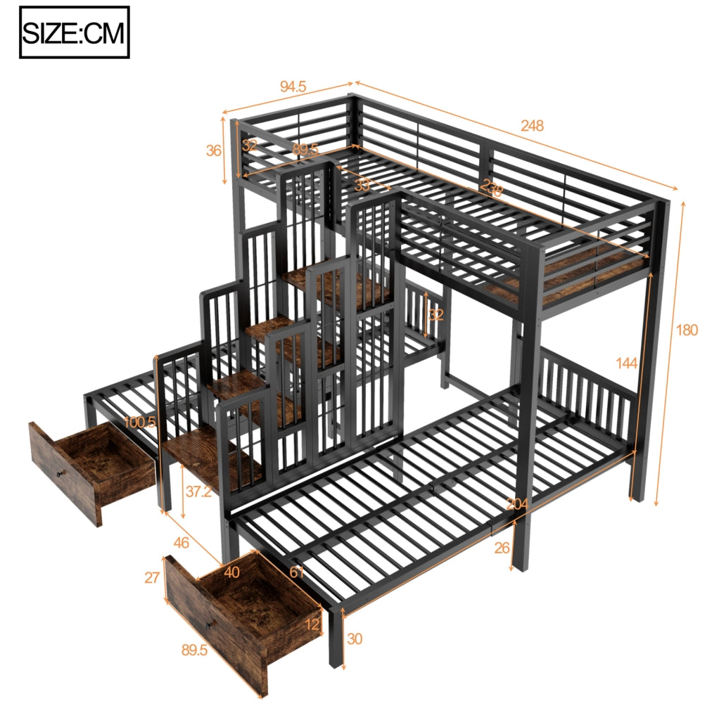 Letto a castello triplo 90x200 cm in metallo e legno; nero; con scala; sponde e 2 cassetti
