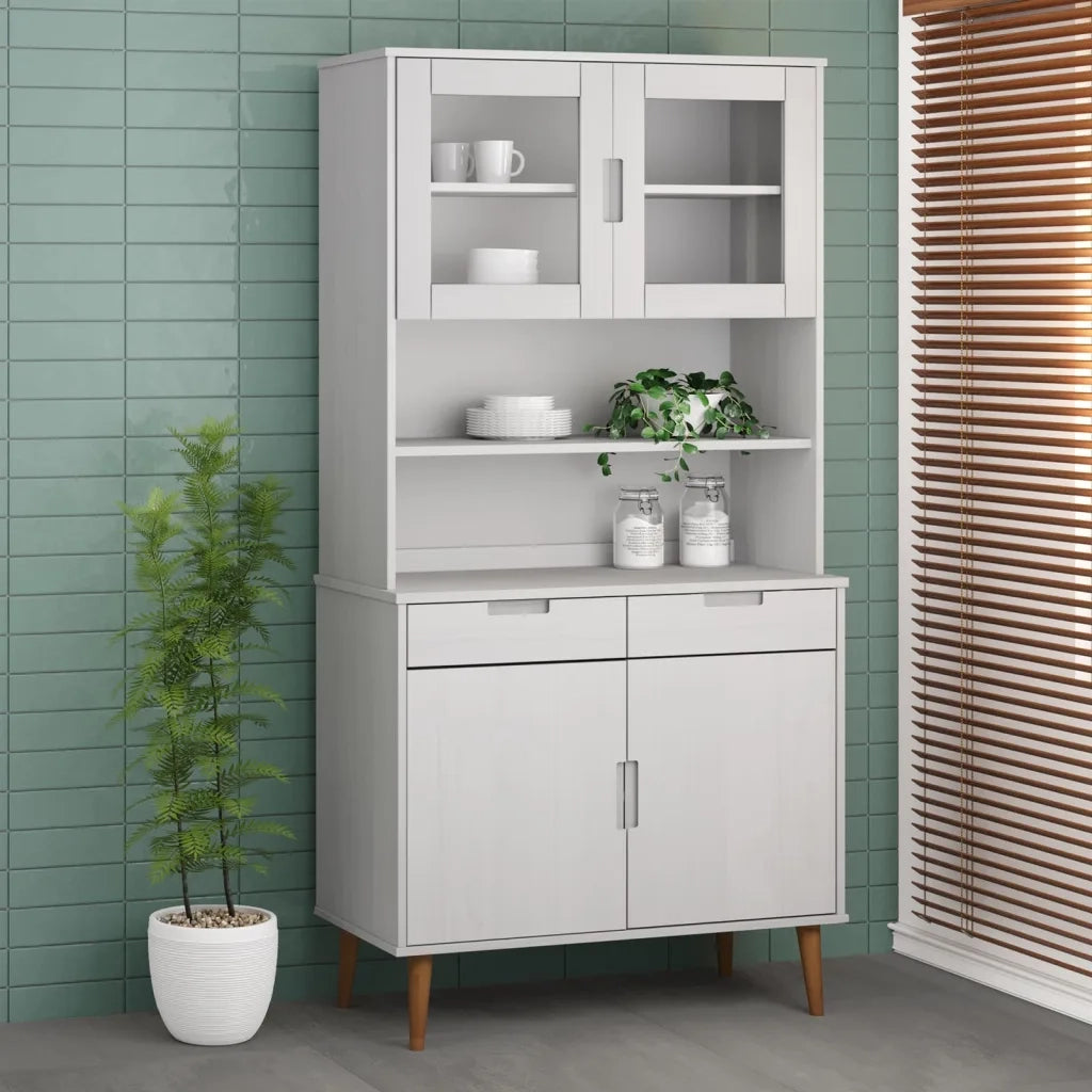 Piano Credenza | Madia | Buffet da pranzo | Armadio da pranzo MOLDE Bianco 90x35x100 cm Legno Massello di Pino