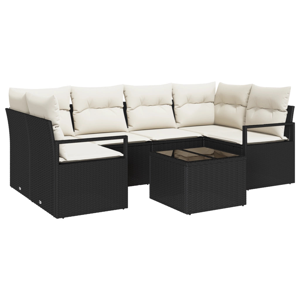 Set Divano da Giardino  7 Pezzi con Cuscini Nero Polyrattan
