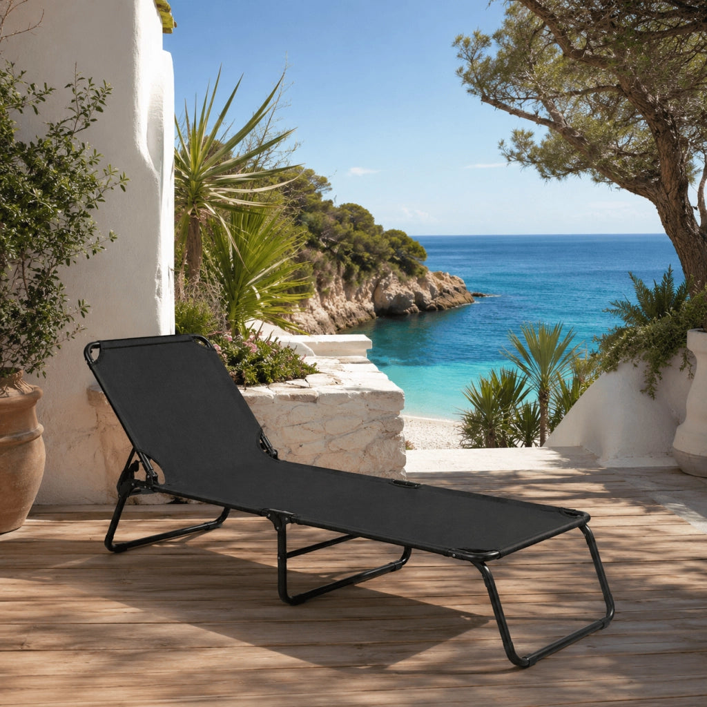 Lettino Sdraio Pieghevole Prendisole Con Schienale Reclinabile Regolabile Telaio In Metallo Nero Per Mare Piscina Giardino 187 x 53 x 24 Cm Nero