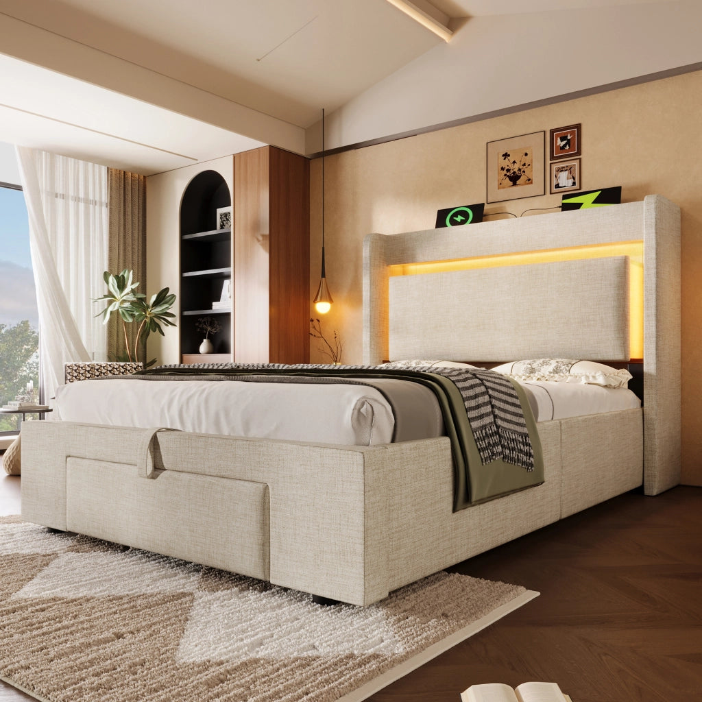 DESMIU Letto contenitore 90 × 200 cm 1 posto con luce LED, USB e USB-C, con contenitore, con materasso, lino beige