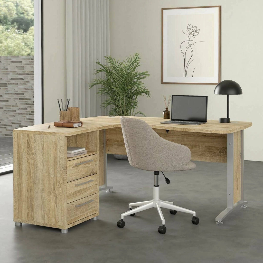 Scrivania Estong, Scrittoio multiuso, Tavolo per ufficio porta PC, Piano di lavoro, 159x150 h75 cm, Grigio e Quercia