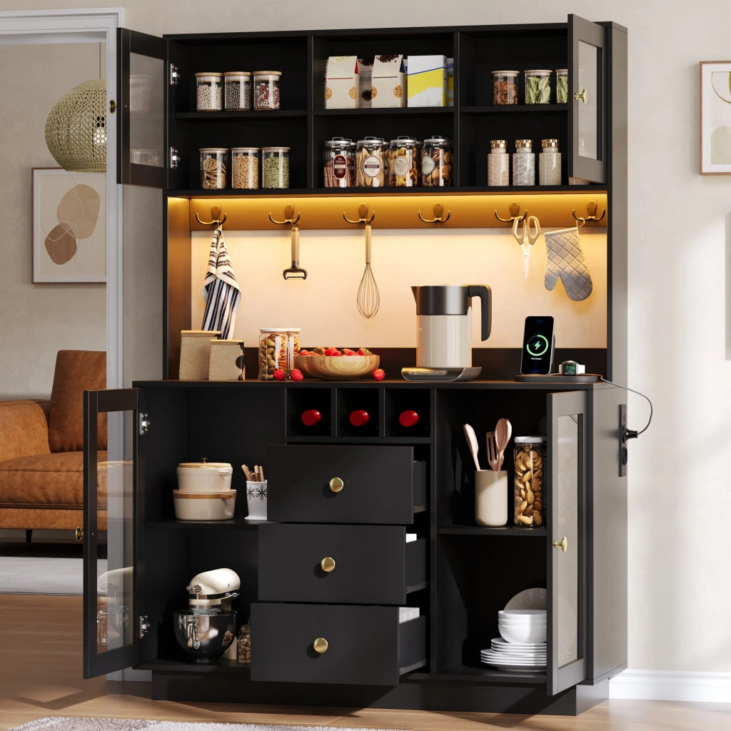 Credenza alta da cucina con LED RGB e prese; 120x40x170 cm; nera in MDF