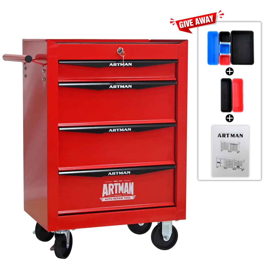 Carrello portautensili con 4 cassetti, 4 ruote e serratura, in acciaio, per garage e officina, rosso nero, 60 × 33 × 77.5 cm