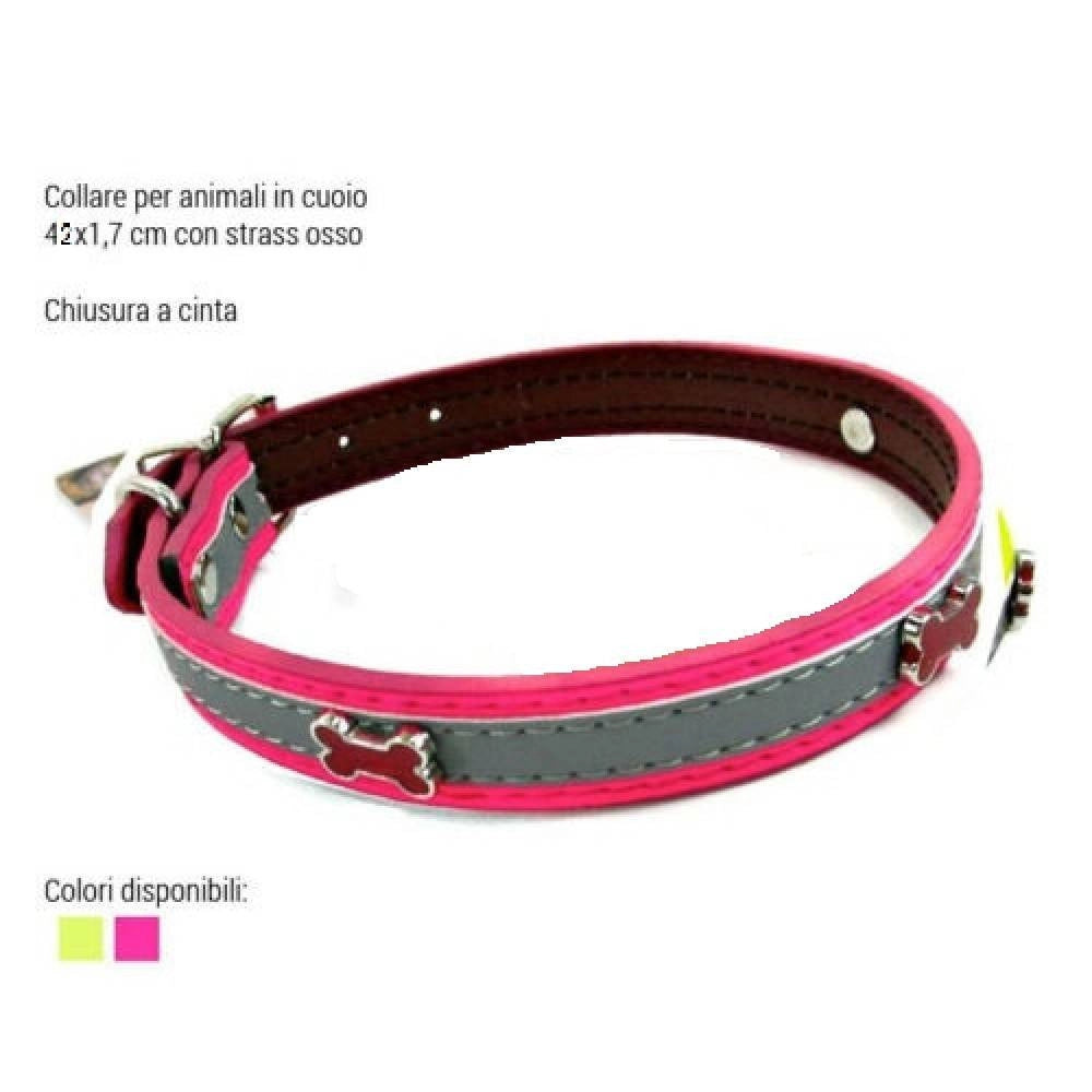 Trade Shop - Collare Per Cani Cuccioli Gatti Animali In Cuoio 42 Cm Vari Colori Strass Osso -